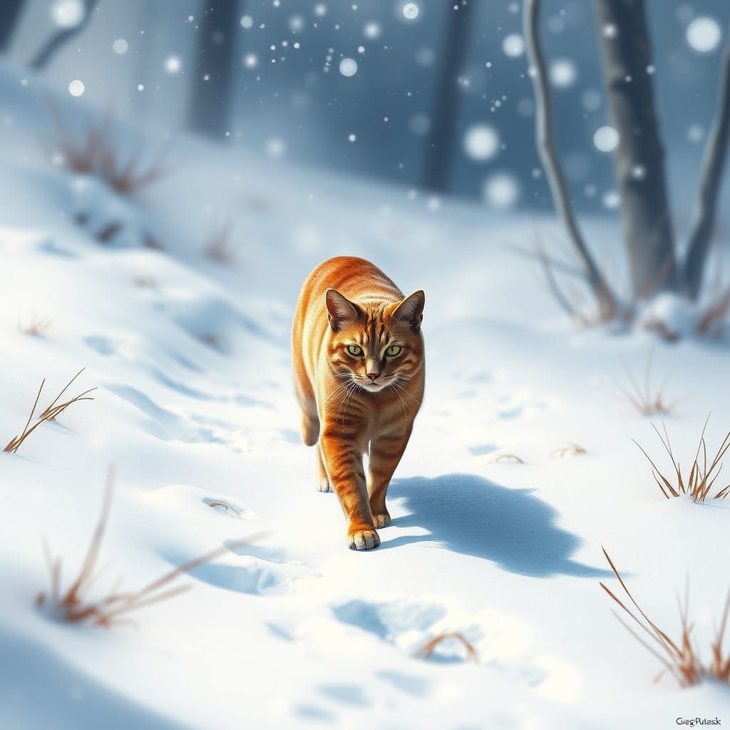 Vibrant Red Cat Strolls in Snowy Excellence