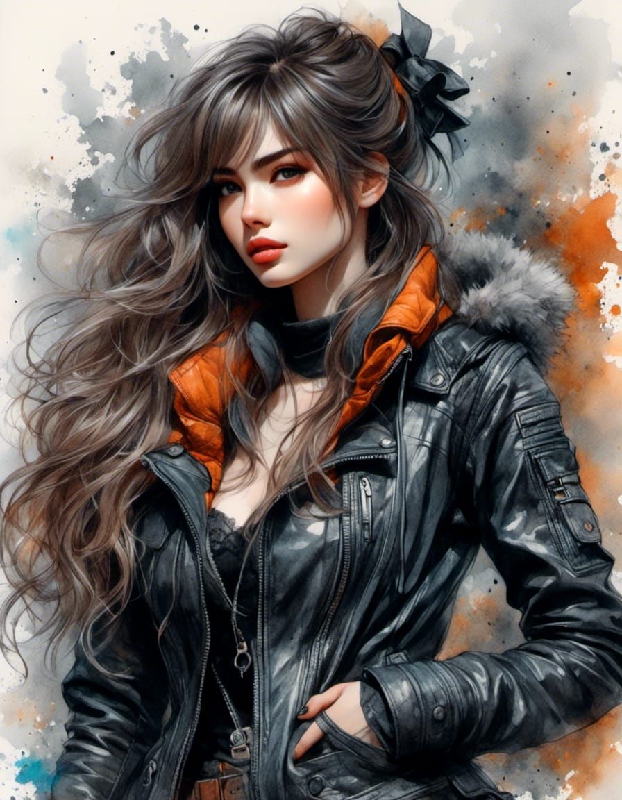 Anime Girl in Leather: Detailed Color Sketch Portrait