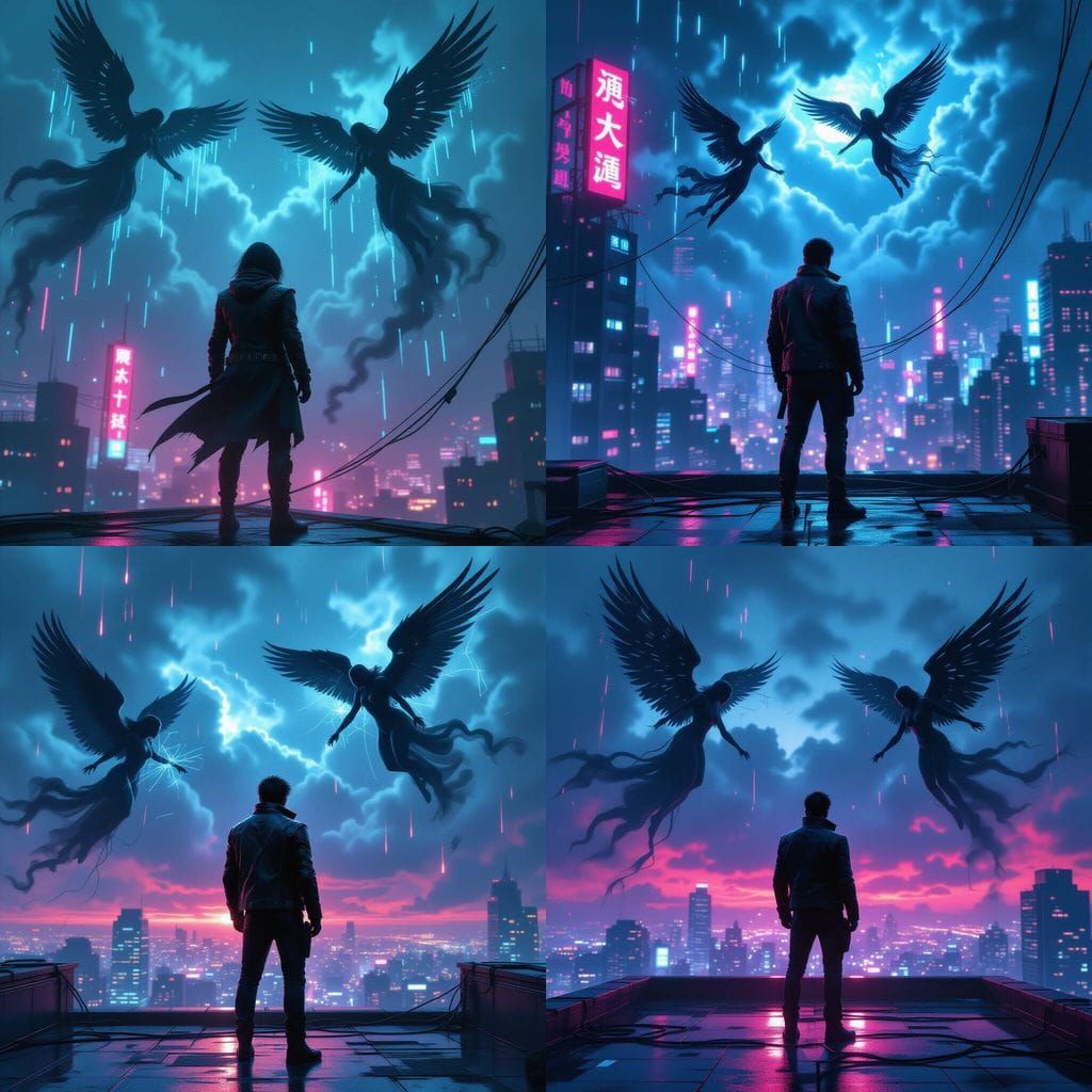 Cyberpunk Figure on Neon Rooftop Amidst Angelic and Demonic ...