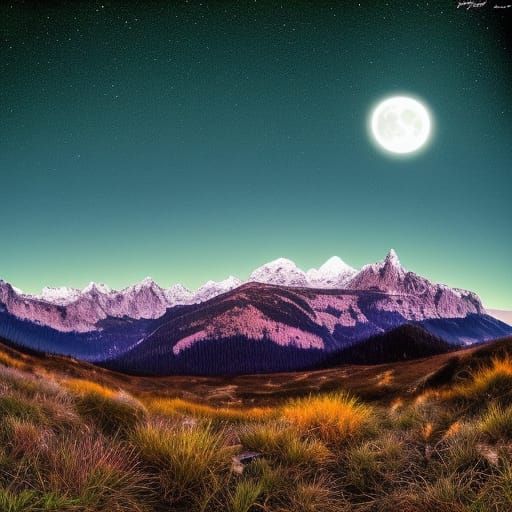 Expressionist Moonrise Over Mountain Peaks at Night