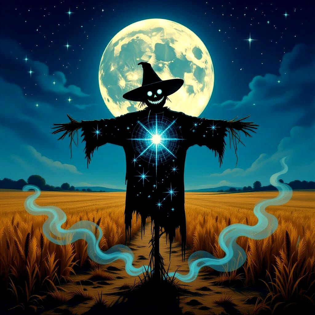 Surreal Scarecrow in Moonlit Field