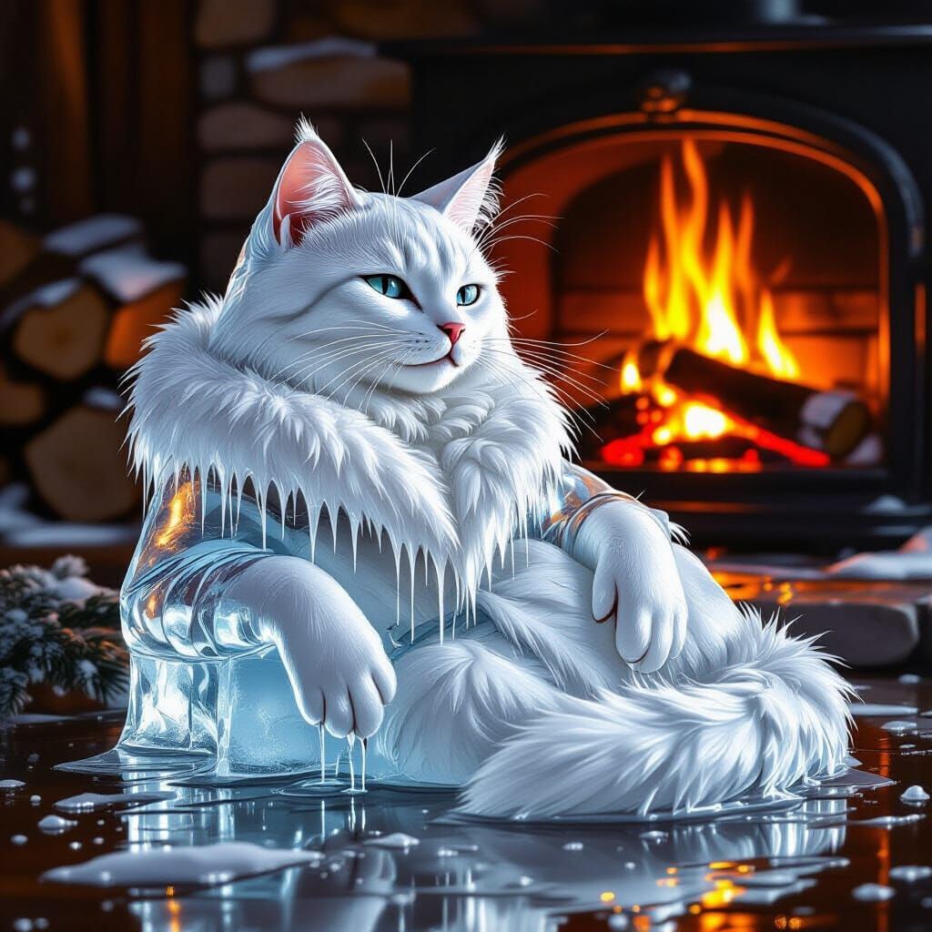 Melting Ice Cat by Warm Fireplace