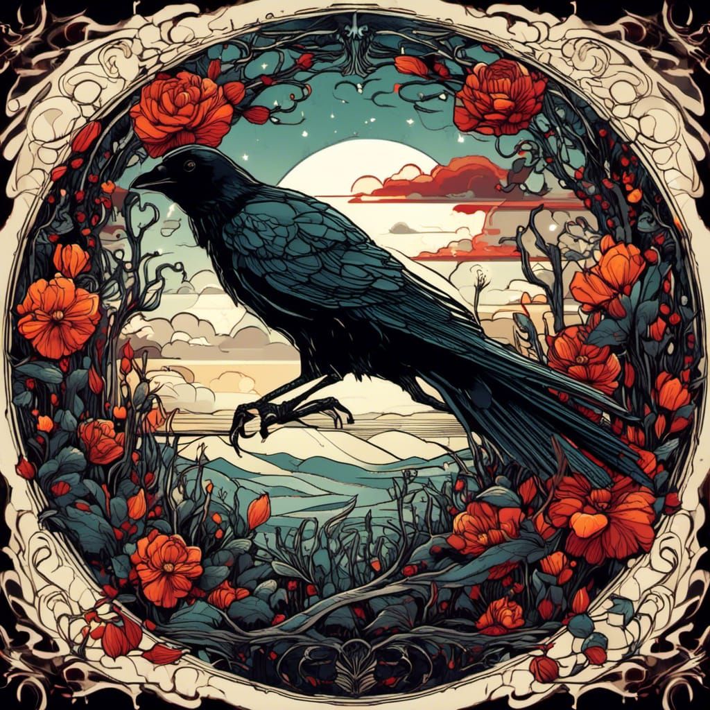 Gothic Crow in Art Nouveau Vector Style