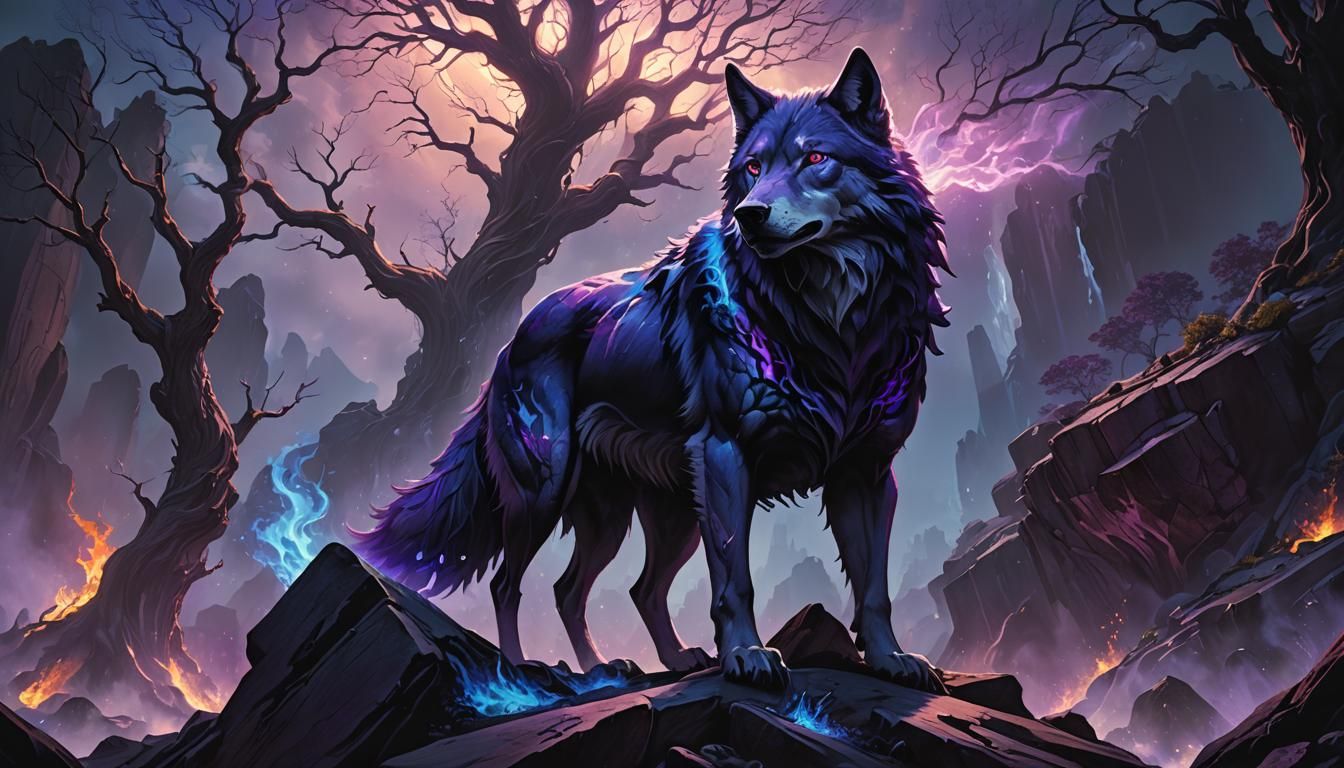 Mystical Lava Wolf Engulfed in Blue Flames