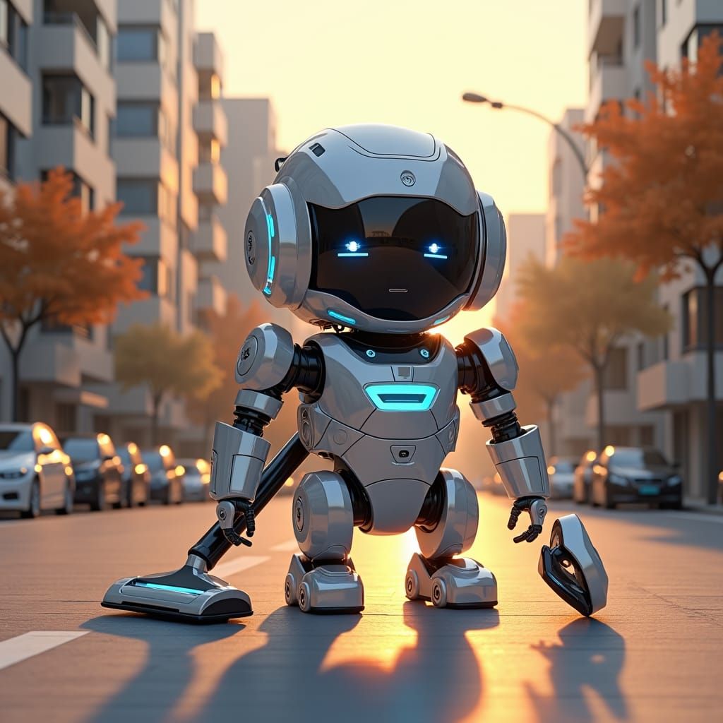 Sun-Powered Chrome Robot Patrols Neighborhood in Anime Style