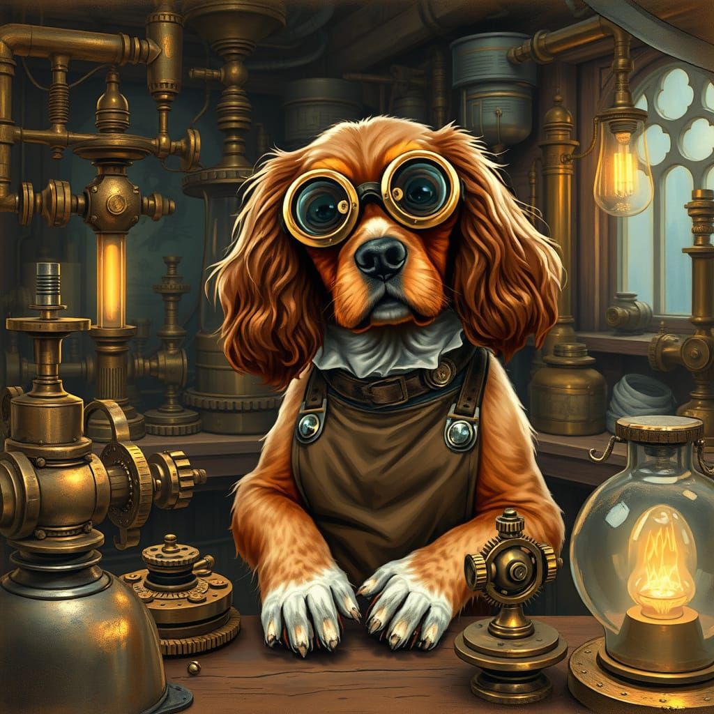 Cavalier King Charles Spaniel Inventor in Steampunk Workshop
