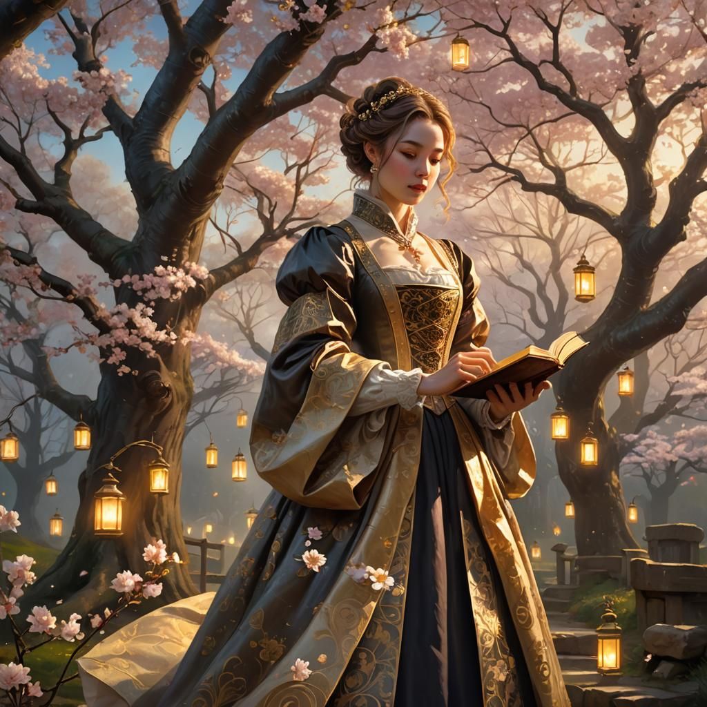 Romantic Woman with Letters in Dreamlike Landscape