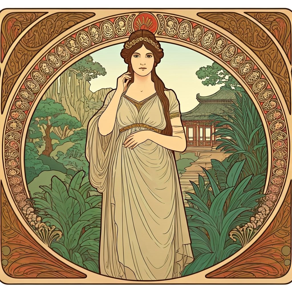 Greek Woman in Asian Garden in Art Nouveau Style