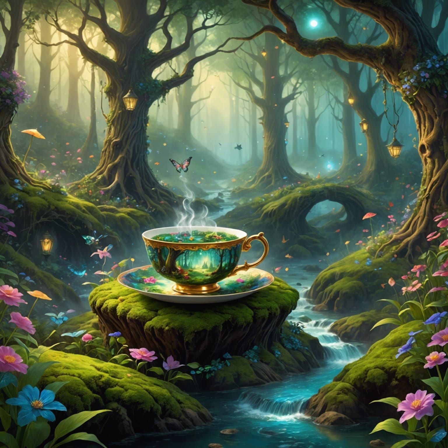 Enchanted Forest in Teacup: Surreal Illustration