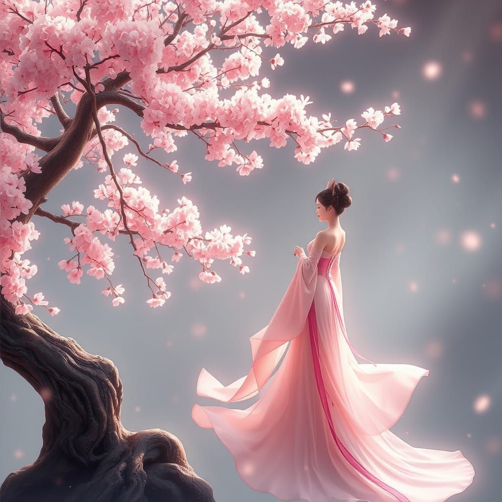 Aesthetic Cherry Blossom Lady in Elegant Oriental Dress