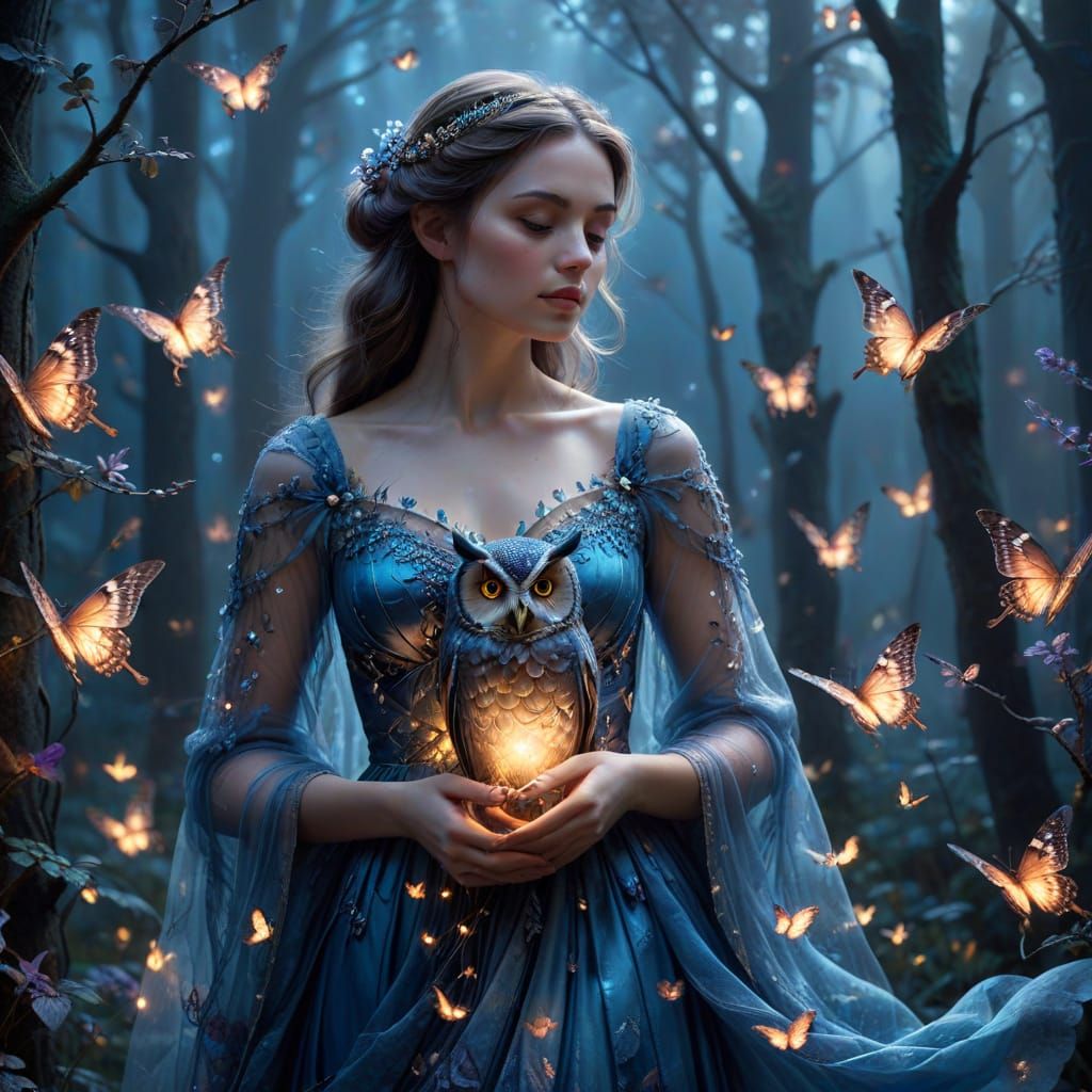 Enchanting Forest Scene With Woman, Owl, And Glowing Butterf...