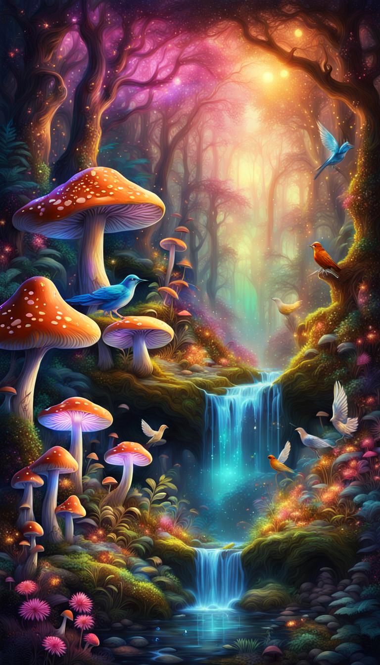 Neon Enchanted Forest with Waterfall and Flora
