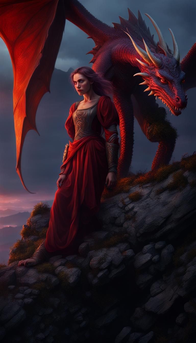 Medieval Girl with Red Dragon: Dark Fantasy Art