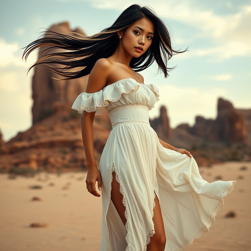 Indonesian Woman in Desert Landscape, Vintage Style
