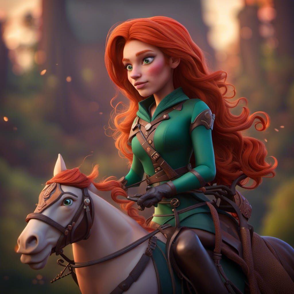 Redhead Huntress in Royal Dress on Horse, 3D Art