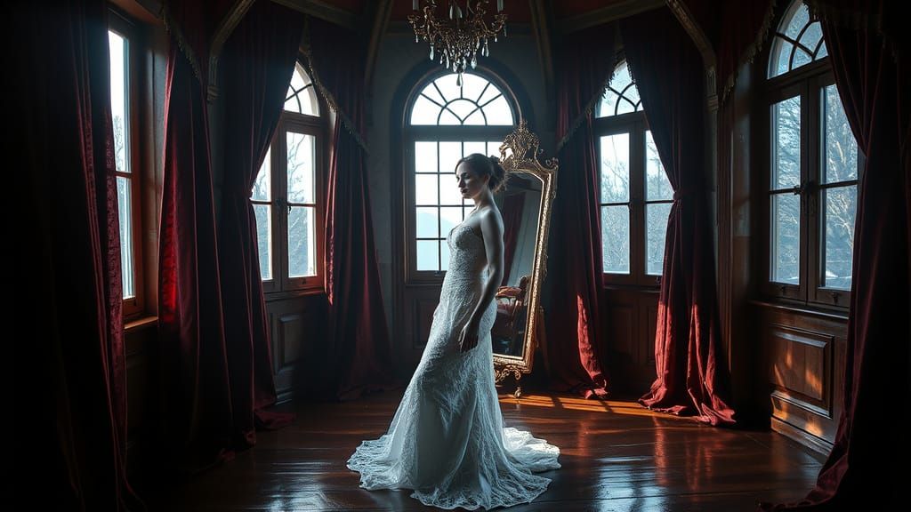 Victorian Vampiress in Mystical Chamber with Baroque Mirror