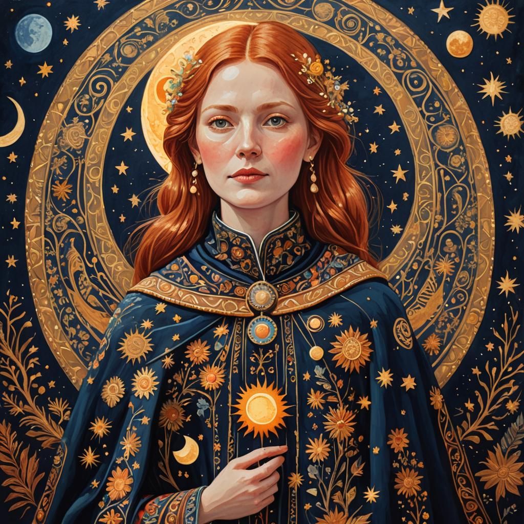 Redhead Woman with Sun and Moon in Folk Art