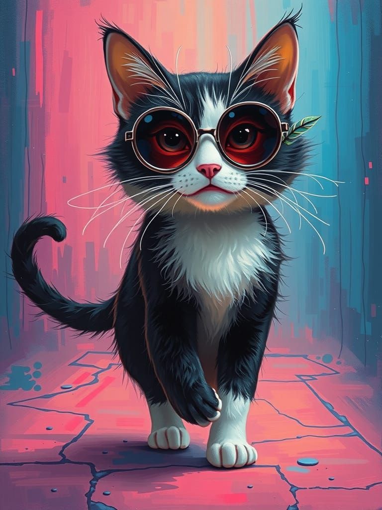 Cat on Runway in Tim Burton Cartoon Style