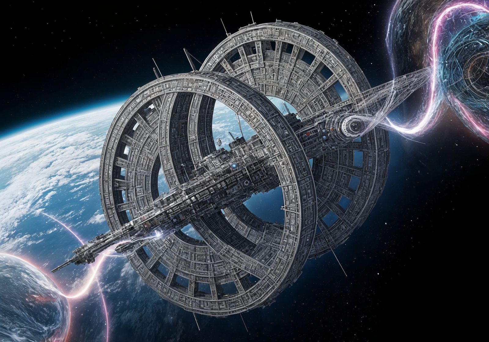 Double-Wheeled Space Station Orbiting Earth in Sci-Fi Style