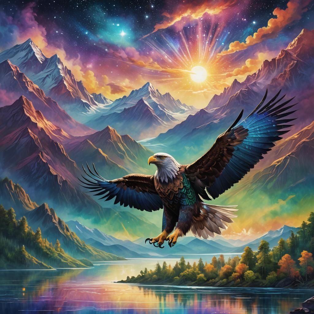 Sea Eagle Soaring Over Lake: Cosmic Illustration