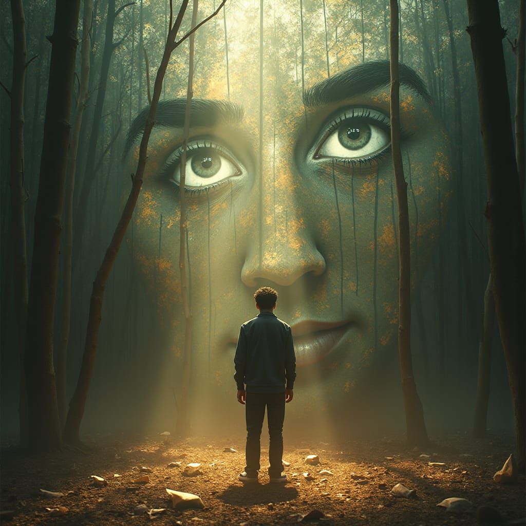 Introspective Figure in Fractured Reflections, Fantasy Art