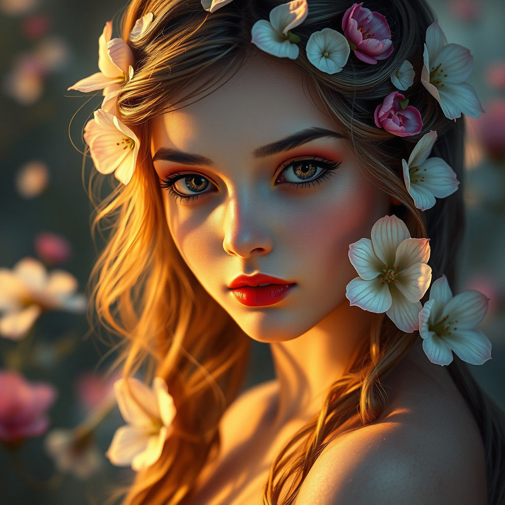 Ethereal Flower Girl Portrait in Art Nouveau Style