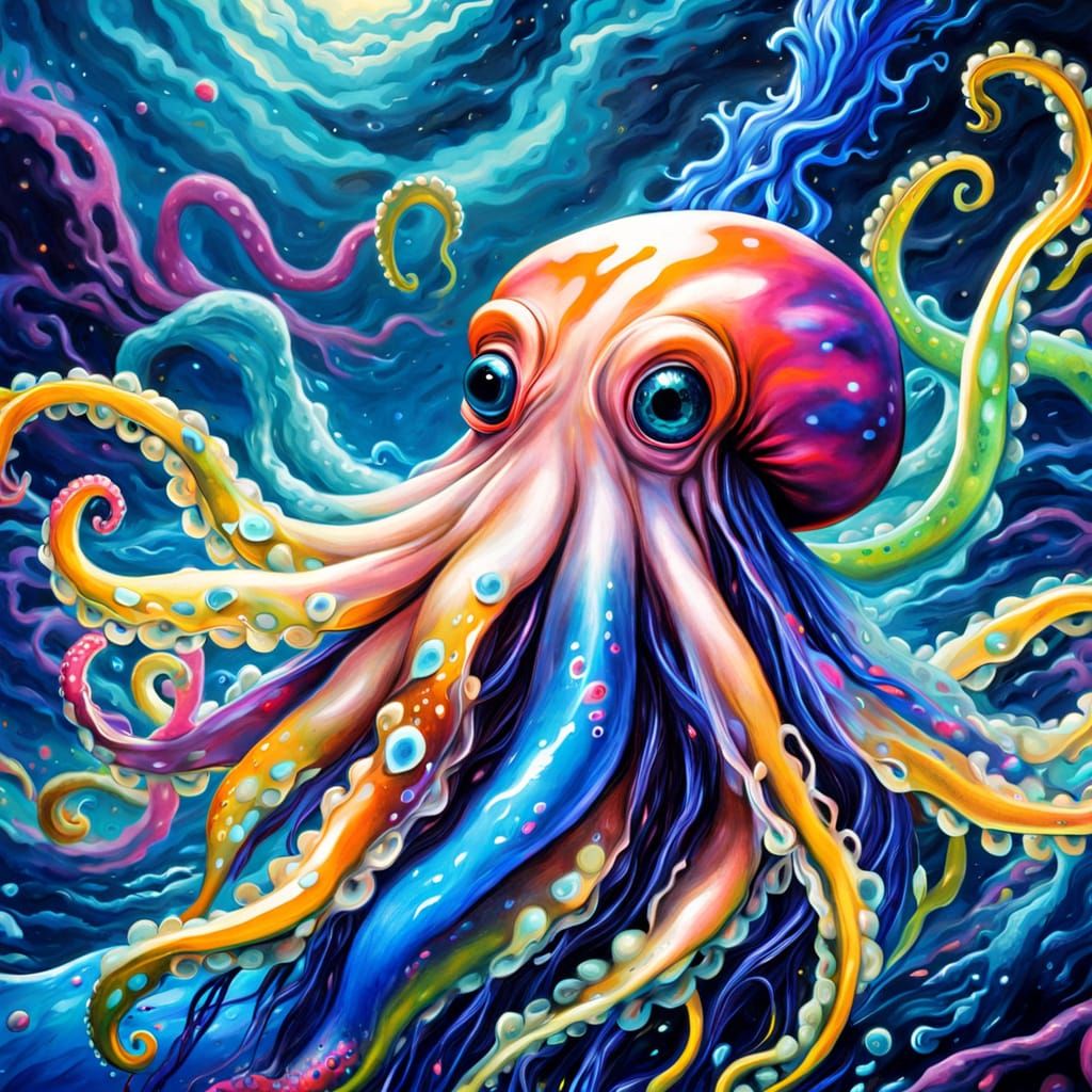 Octavius the Squid in Electric, Surreal Oil Painting