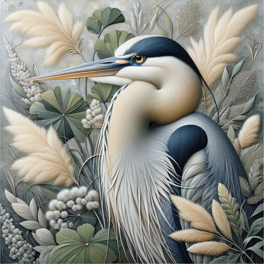 Detailed Blue Heron in Pampas Grass with Abstract Background