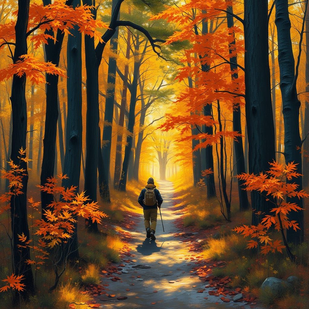 Sunlit Forest Trail Hiker in Classical Style