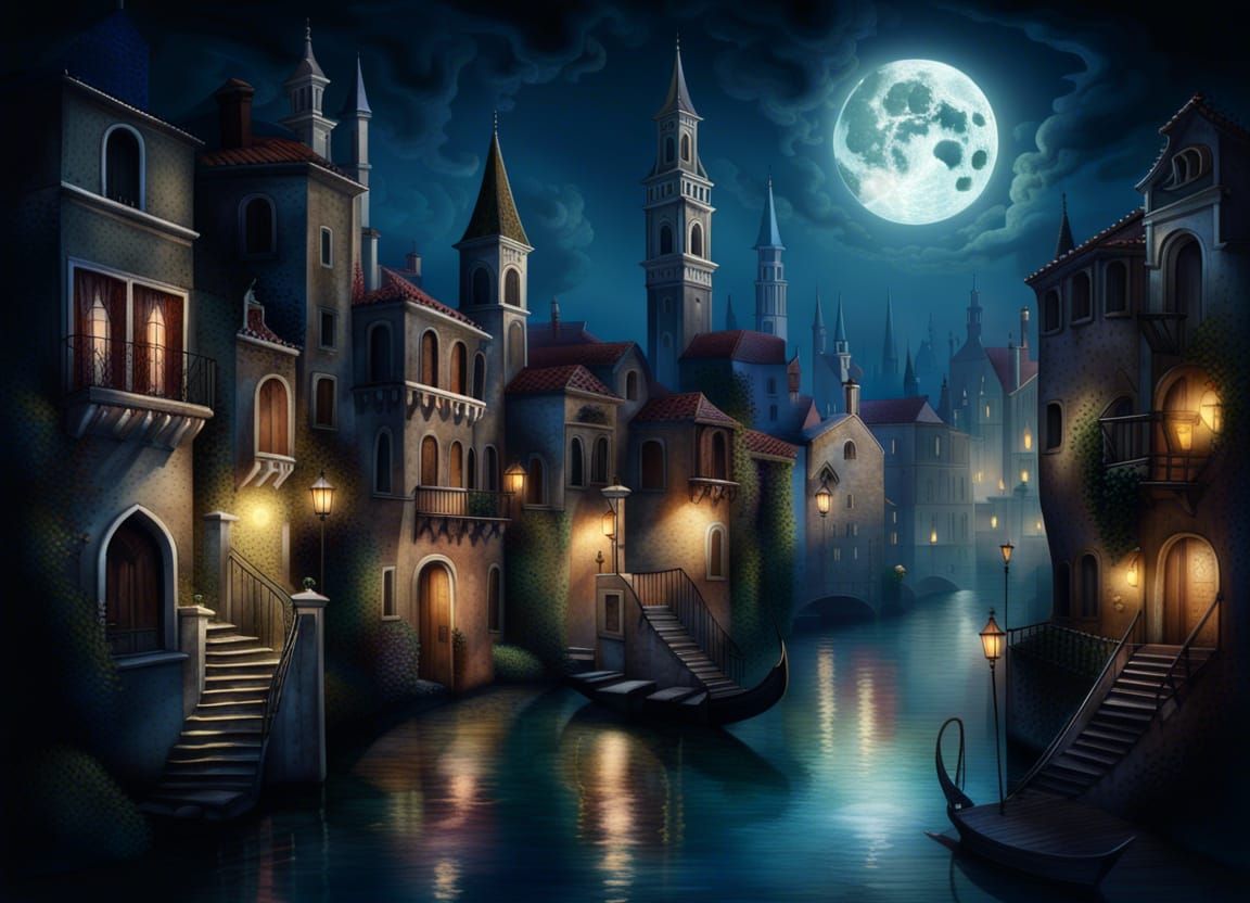 Magical Venetian Village Illustration with Gothic Architectu...