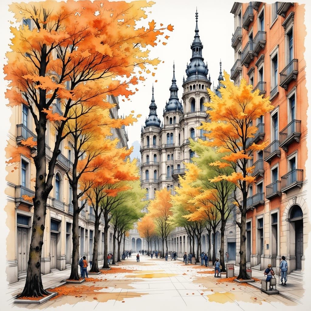 Autumn in Madrid: Watercolour Fantasy Landscape