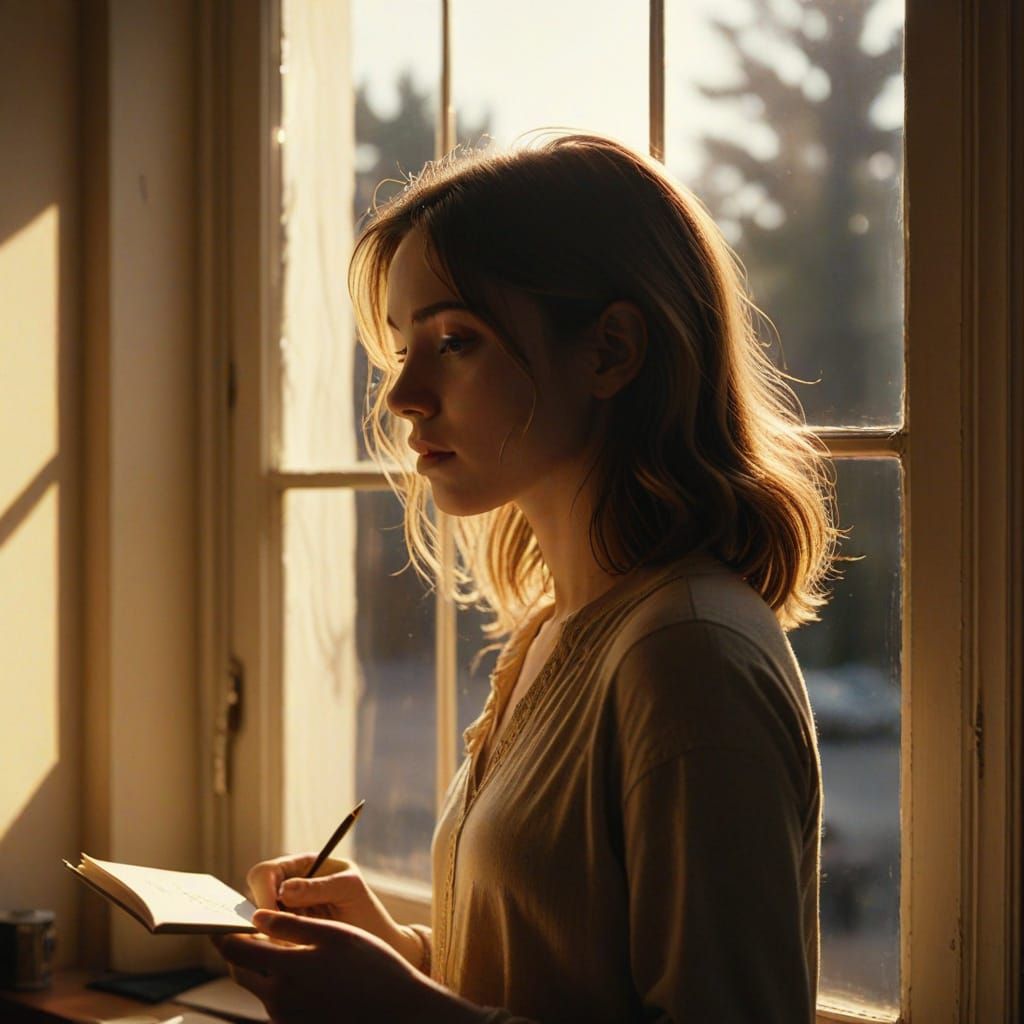 Girl Sketching by Window: Cinematic Film Still