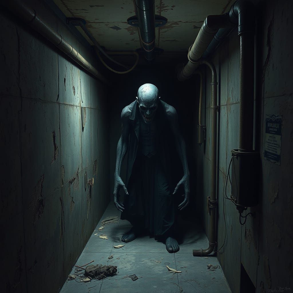 Ominous Figure Trapped in Dark, Cramped Room