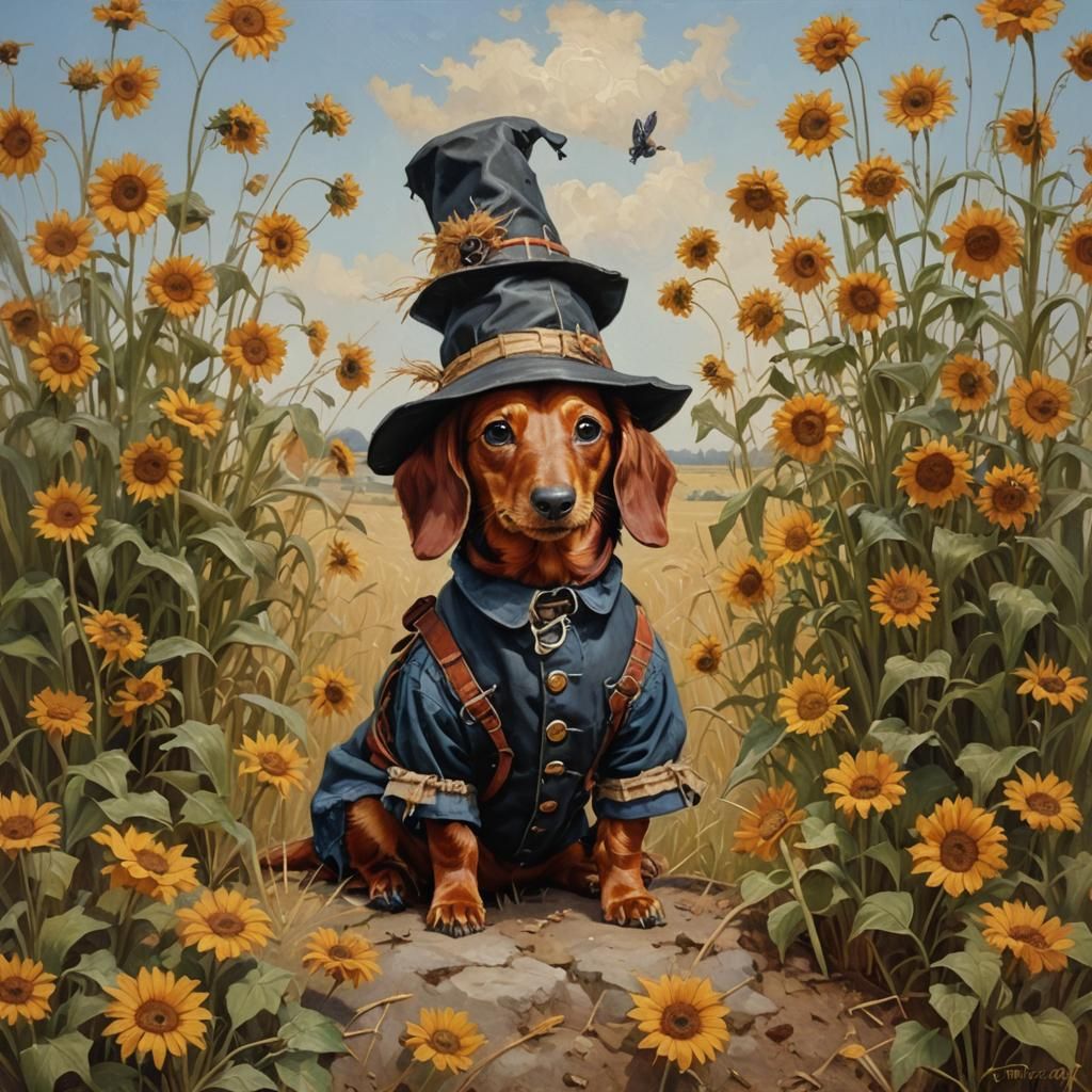 Dachshund Scarecrow: Oil Painting in Gurney Style