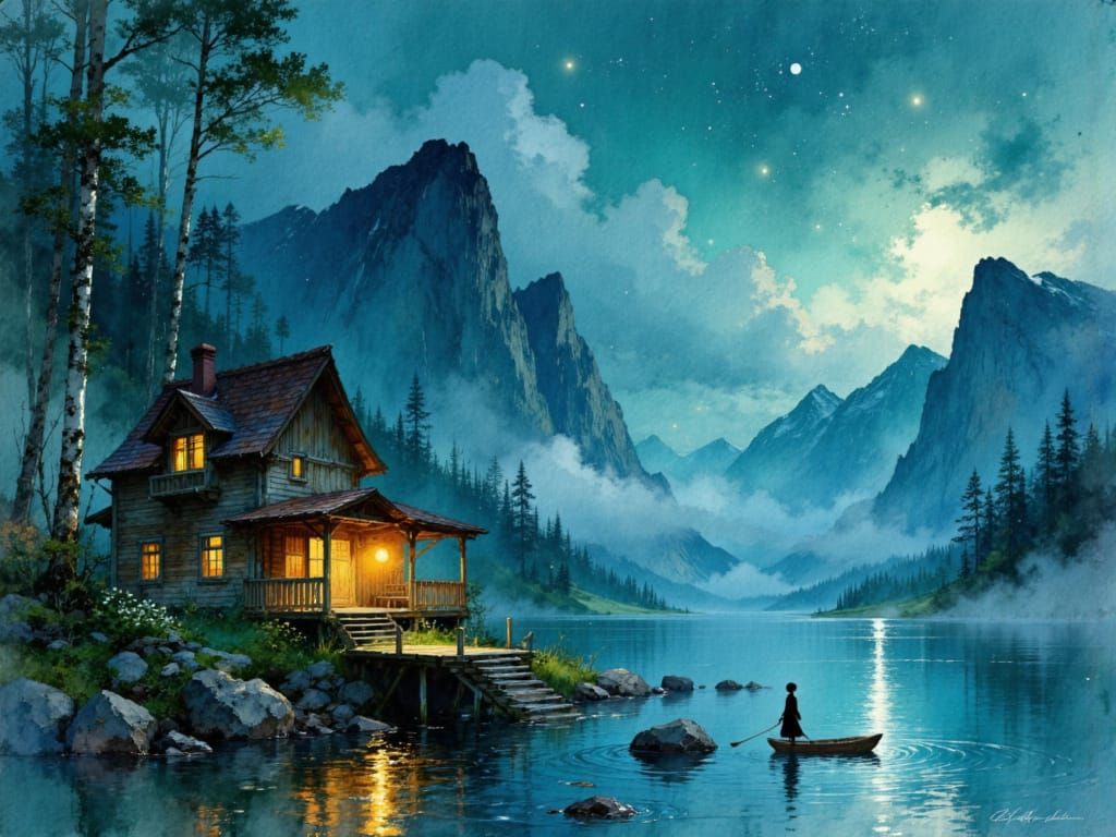 Dreamlike Watercolor Cabin Scene with Silhouetted Figure