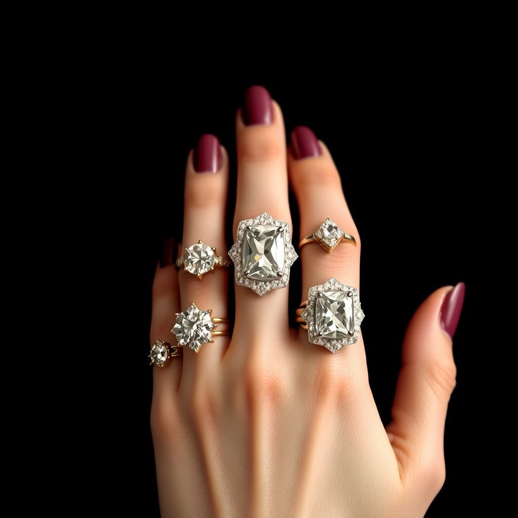A Lady's Hand Adorned with Exquisite Diamond Rings in Art De...