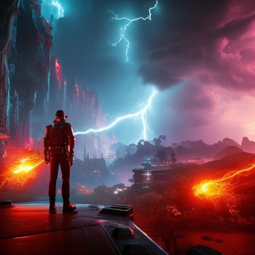 Person in Raging Lightning Storm: Fantasy Concept Art