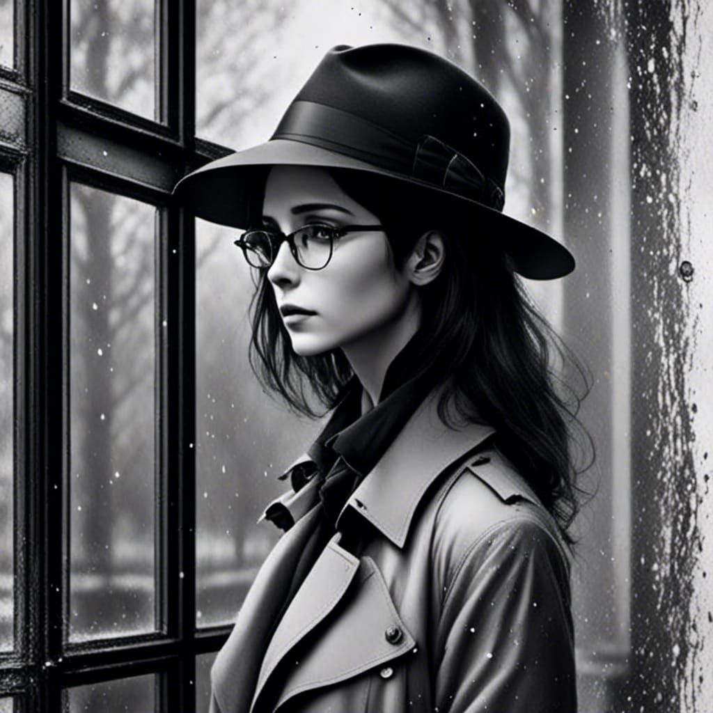 Noir Portrait of Woman in Fedora Through Rainy Window