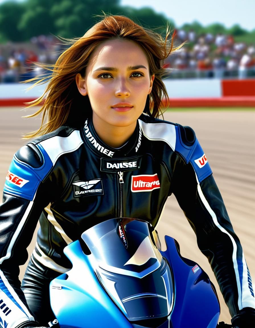 Young Biker Portrait in Leather Outfit on Speedway