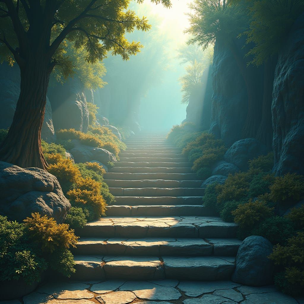 Stone Stairs Descending into Ethereal Mist