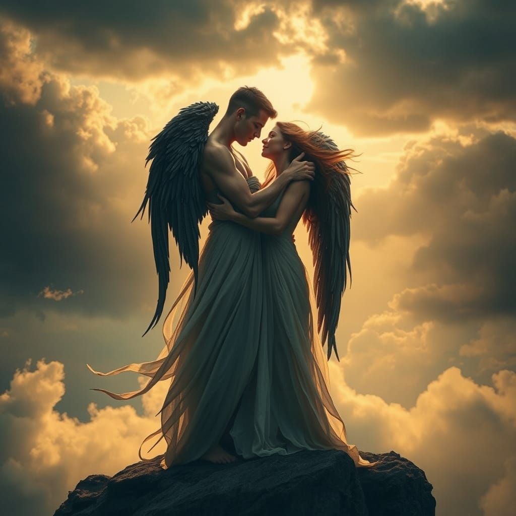 Ethereal Fallen Angels Embrace in Cinematic Masterpiece