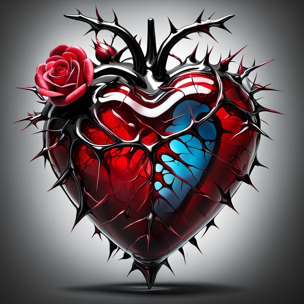 A bleeding glass heart with rose thorns