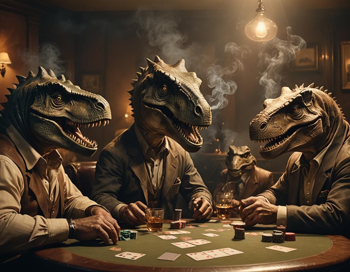 Dinosaurs Play Poker in Moody Oil Painting Style
