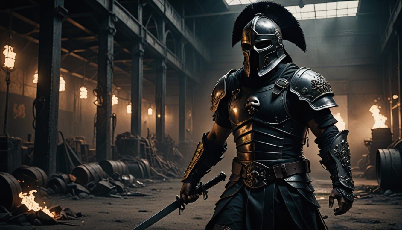Dark Fantasy Gladiator in Industrial Arena