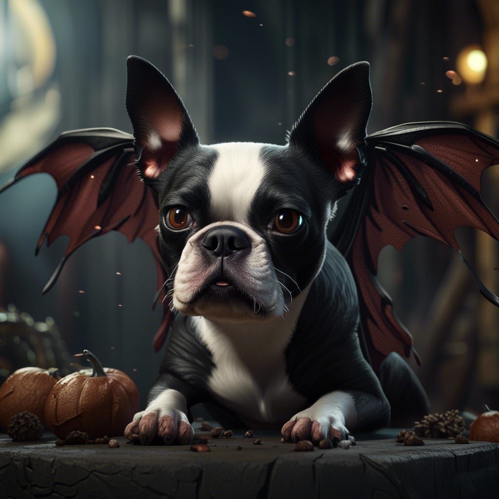 Fantastical Boston Terrier with Bat Wings in 8K