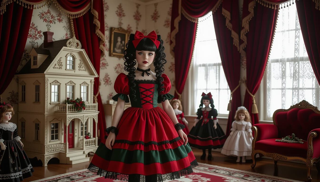Gothic Girl in Victorian Bedroom with Dolls