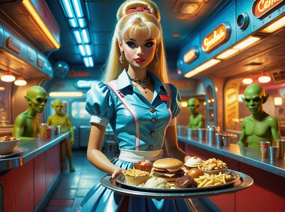 Retrofuturistic Waitress Barbie in Impressionistic Style