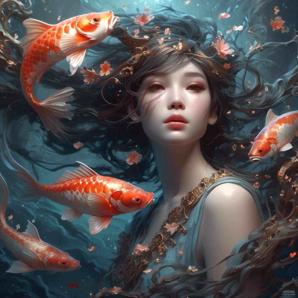Porcelain Koi and Fairy: Hyperrealistic Digital Art