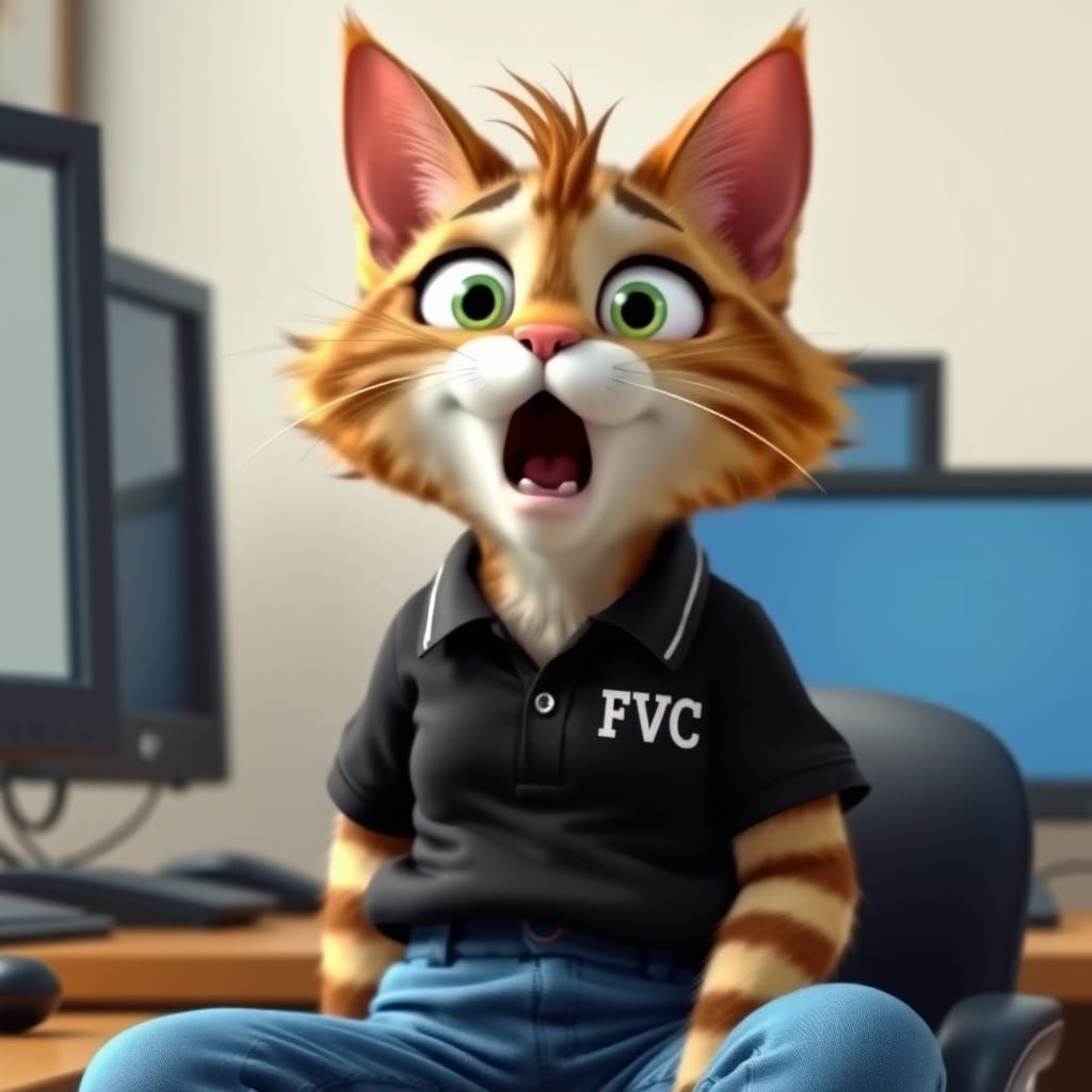 Shocked Cat at Desk in Pixar Animation Style
