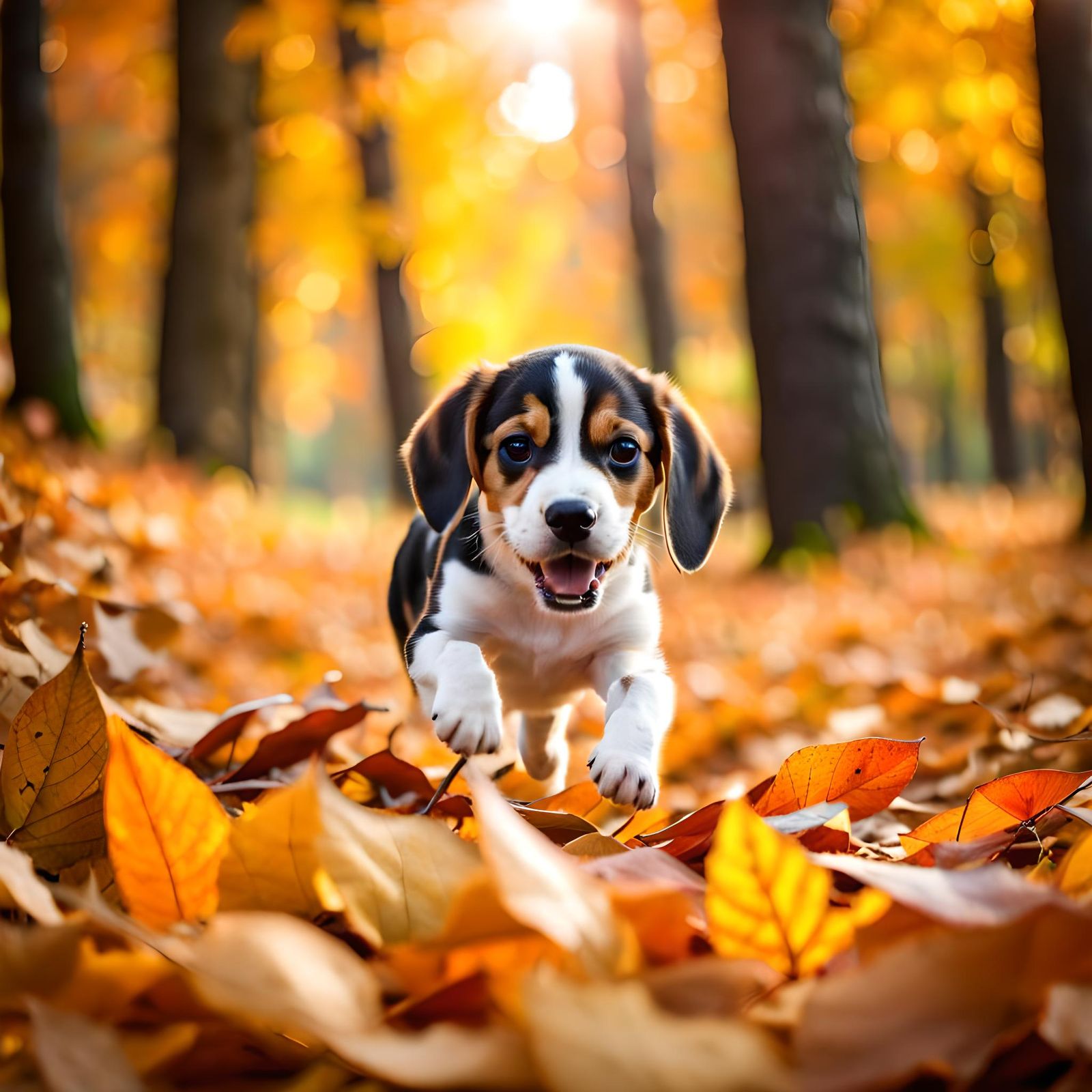 Beagle Puppy's Autumn Adventure in Shaded Forest
